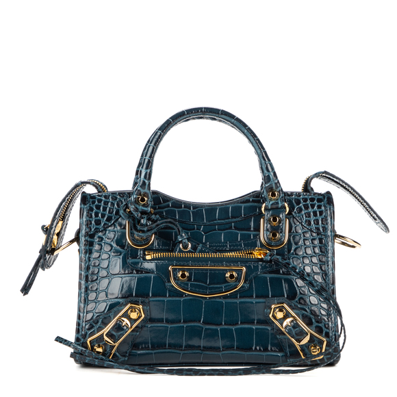 Balenciaga Mini City in Petro Blue Crocodile Embossed Leather - Picture 2 of 10